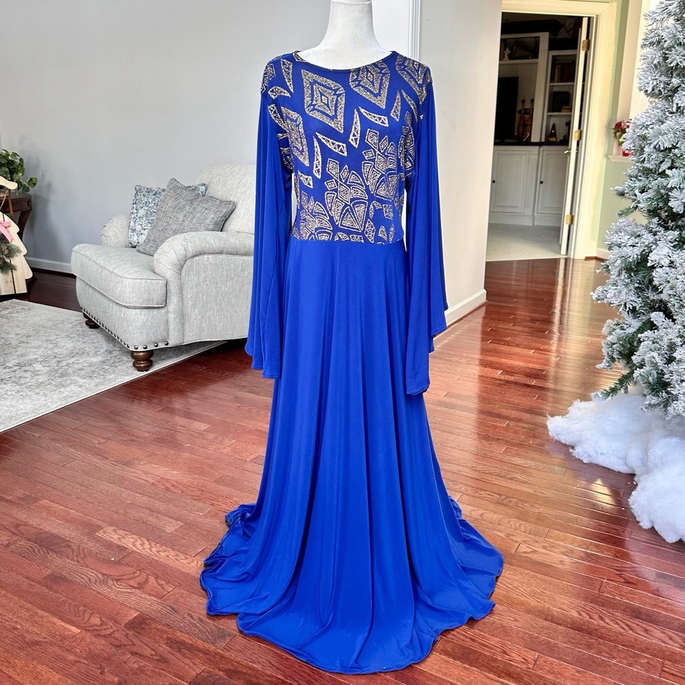 Handmade Bell Sleeve Blue Gold Glitter Unique Pattern Formal Gown Dress